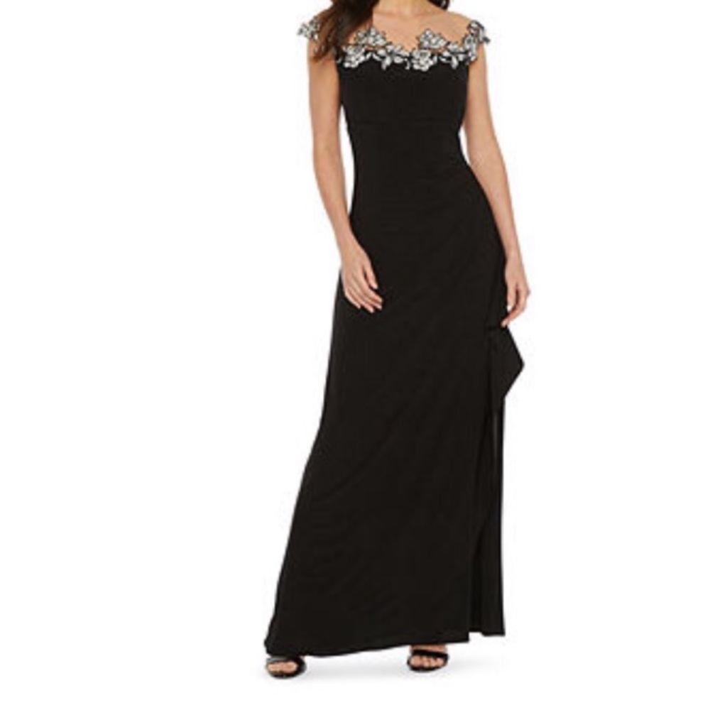 MSK Black Ruched Evening Gown with pretty appliqué